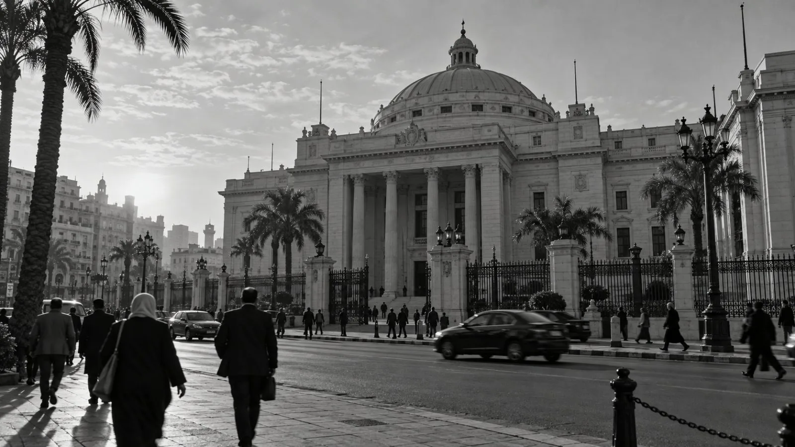 Pedestrians pass Egypt's House of Representatives in Cairo in late afternoon light. (AI-generated image / EconoTimes)