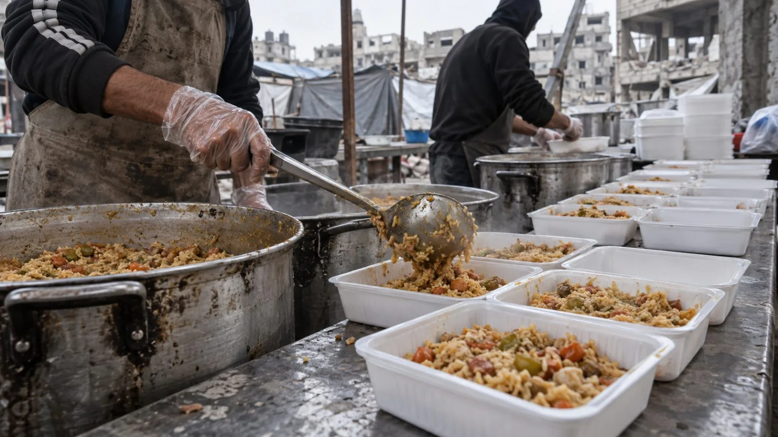 Aid workers portion cooked meals into containers at a kitchen in Gaza City. (AI-generated image / EconoTimes)