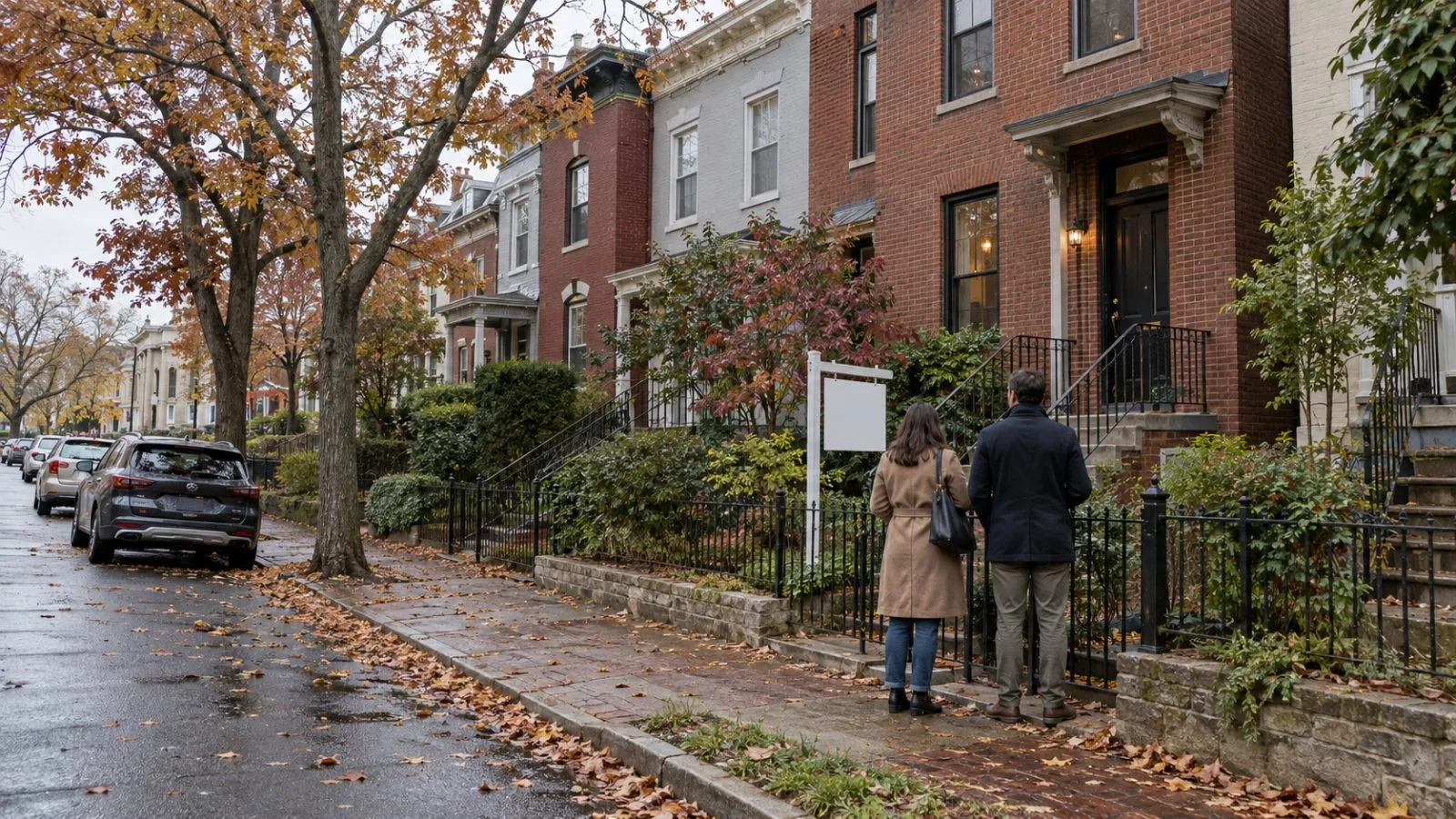 A prospective buyer and agent pause at a rowhouse in Washington, D.C. / EconoTimes.ai