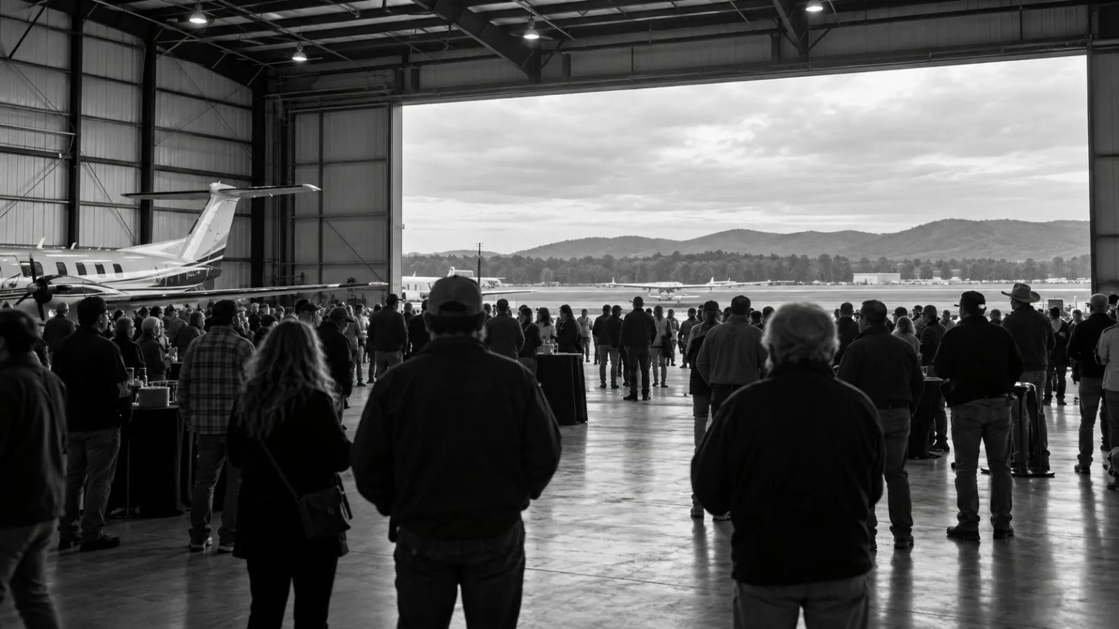 A crowd gathers inside a hangar at Dalton Municipal Airport in Georgia. (AI-generated image / EconoTimes)