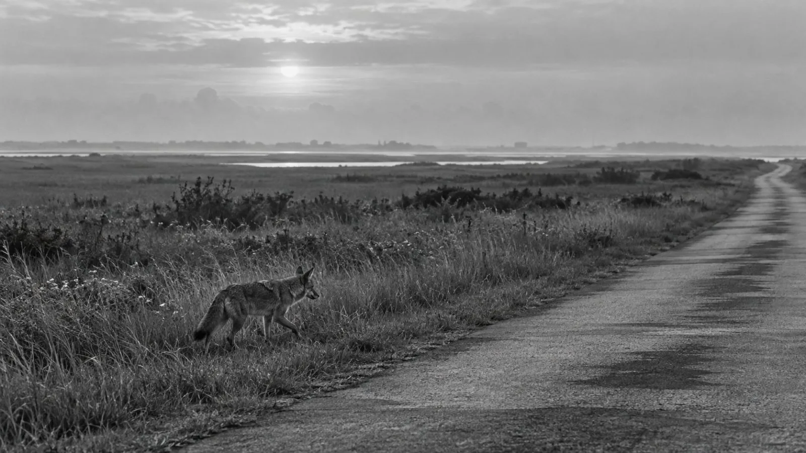 A coyote moves through coastal grass beside a road on Galveston Island, Texas. (AI-generated image / EconoTimes)