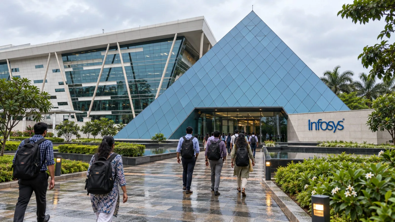 Employees walk into a corporate campus in Bengaluru, India, in morning light. / EconoTimes.ai