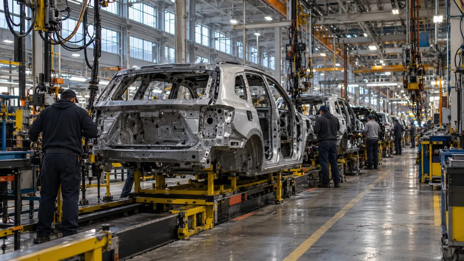 Workers tend a vehicle assembly line at a factory in Detroit, Michigan. (AI-generated image / EconoTimes)