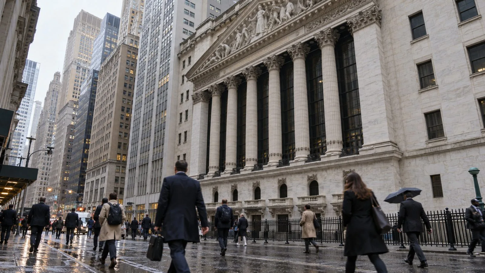 Commuters pass the New York Stock Exchange in New York on an overcast morning (AI-generated image / EconoTimes)