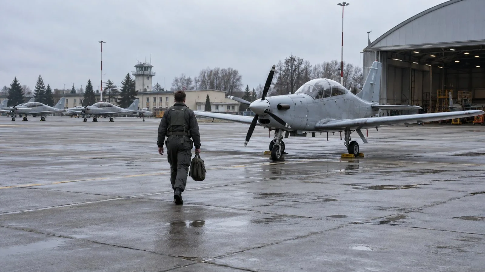 A cadet walks toward a training aircraft at the Polish Air Force Academy in Dęblin, Poland. (AI-generated image / EconoTimes)