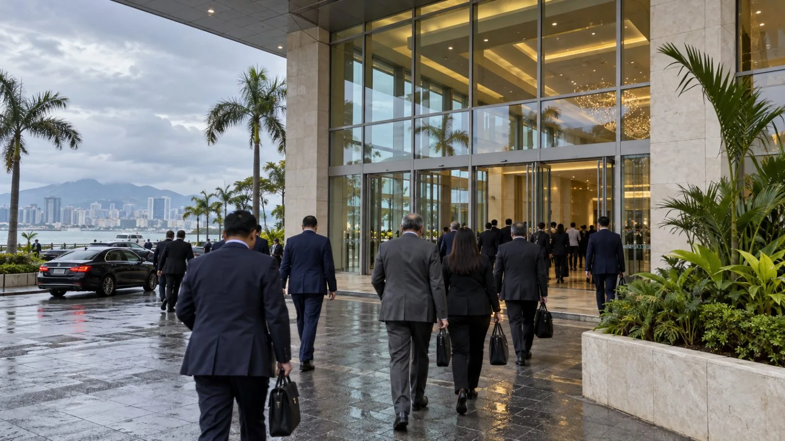Delegates enter a convention venue in Cebu City, Philippines, during a regional defense meeting. (AI-generated image / EconoTimes)