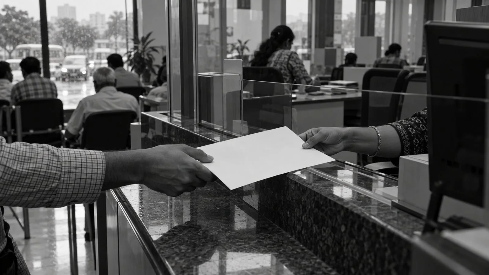 An investor hands a form across a mutual fund service counter in Mumbai, India. (AI-generated image / EconoTimes)