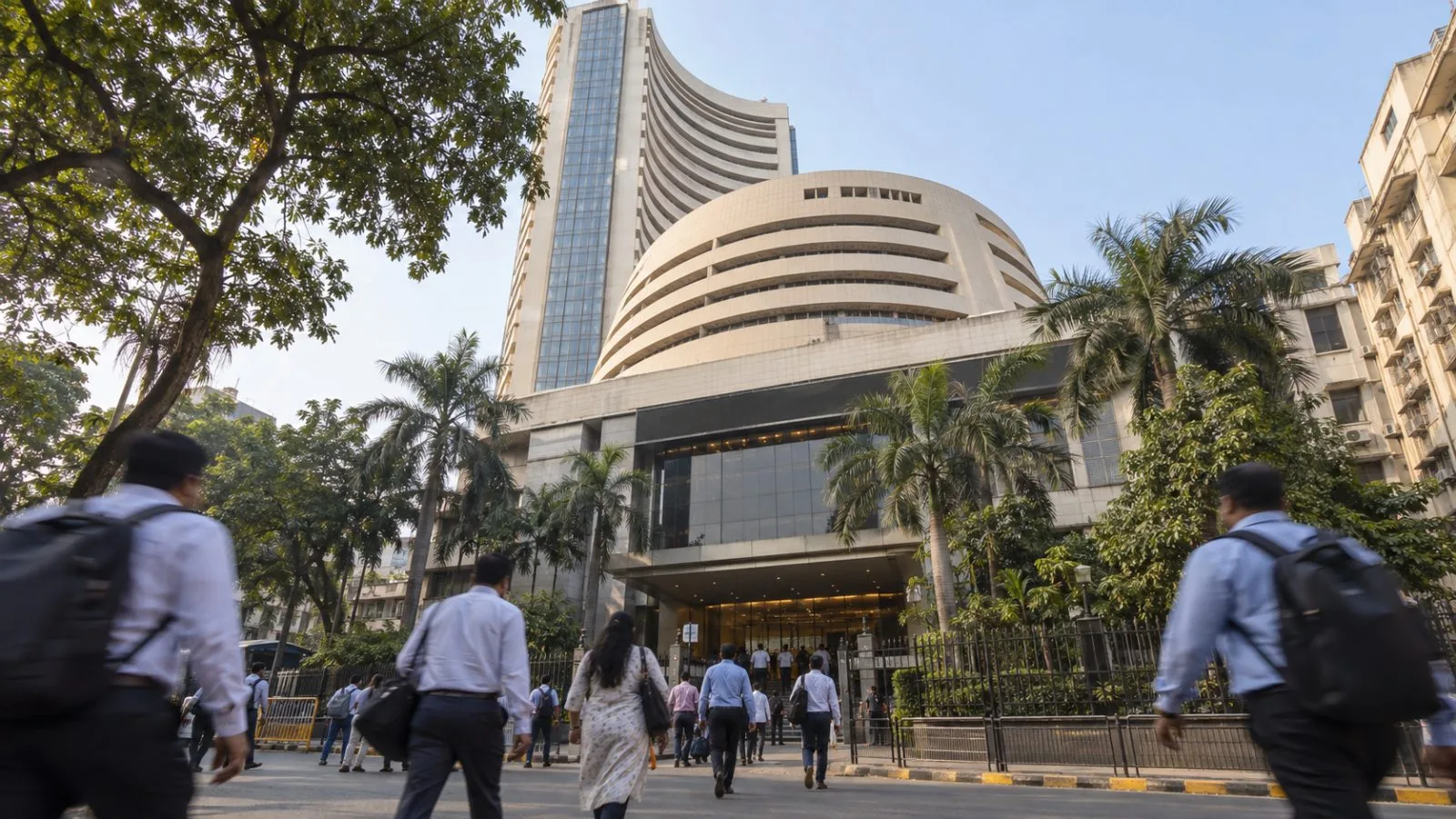 Commuters pass the Bombay Stock Exchange entrance in Mumbai during morning trading. (AI-generated image / EconoTimes)