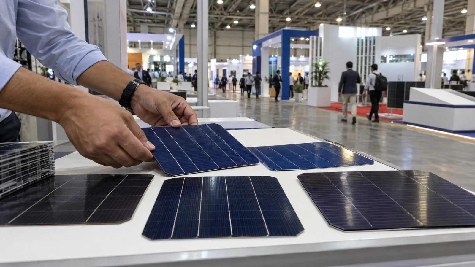 Solar cell samples are arranged inside India Expo Mart in Greater Noida, India. (AI-generated image / EconoTimes)