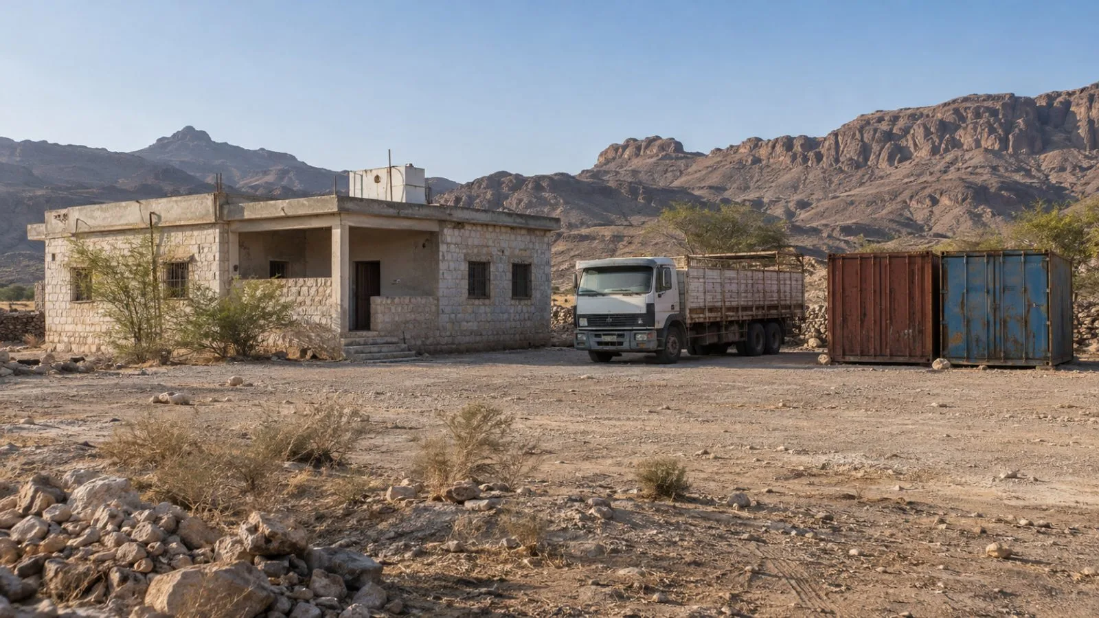 A cargo truck and two freight containers sit beside a rented house in Shabwa province, Yemen (AI-generated image / EconoTimes)