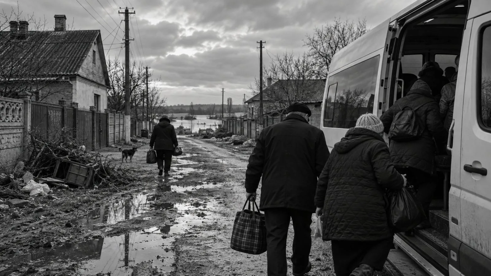 Residents carry bags toward an evacuation vehicle on a street in Oleshky, Ukraine. (AI-generated image / EconoTimes)