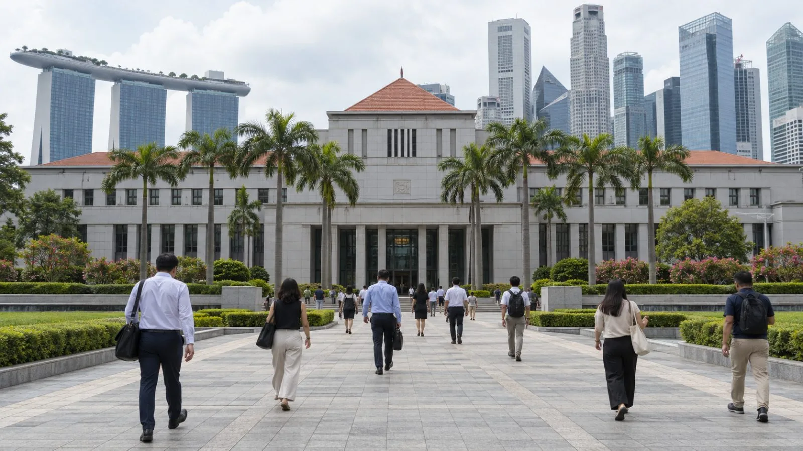 Pedestrians pass Parliament House in Singapore beneath an overcast sky. (AI-generated image / EconoTimes)