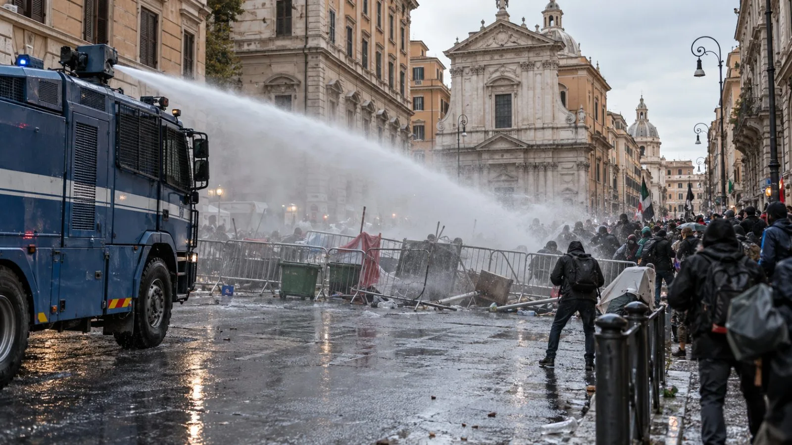 Police use a water cannon as demonstrators face a barricade near Piazza Santa Susanna in Rome. (AI-generated image / EconoTimes)