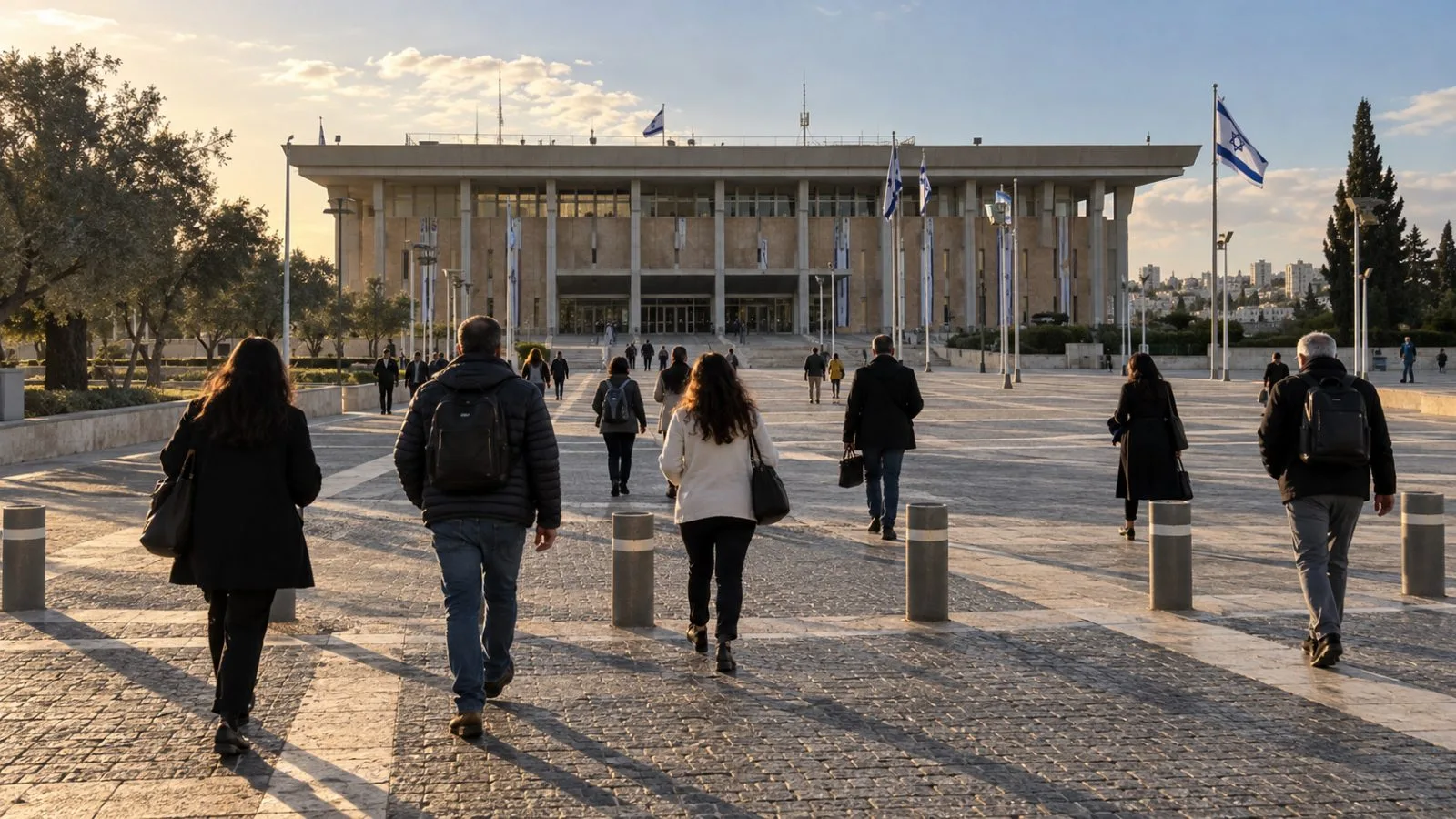Pedestrians pass the Knesset building in Jerusalem in late afternoon sunlight. (AI-generated image / EconoTimes)