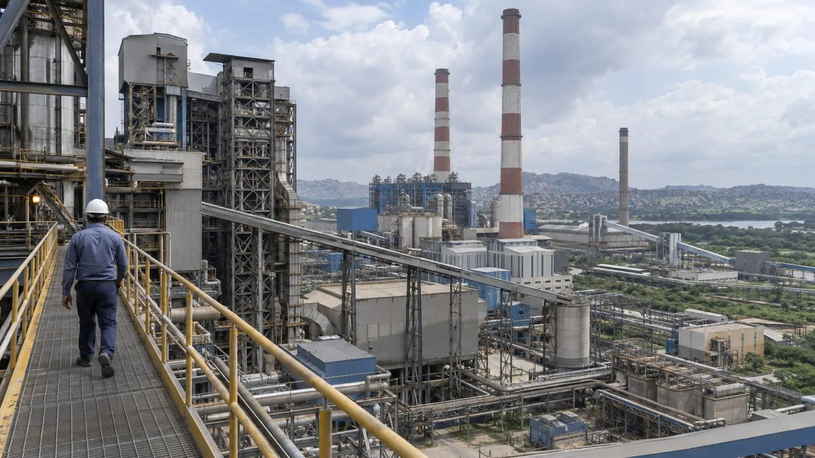 Industrial structures rise above the grounds of JSW Energy’s Vijayanagar power station in Toranagallu, Karnataka. (AI-generated image / EconoTimes)