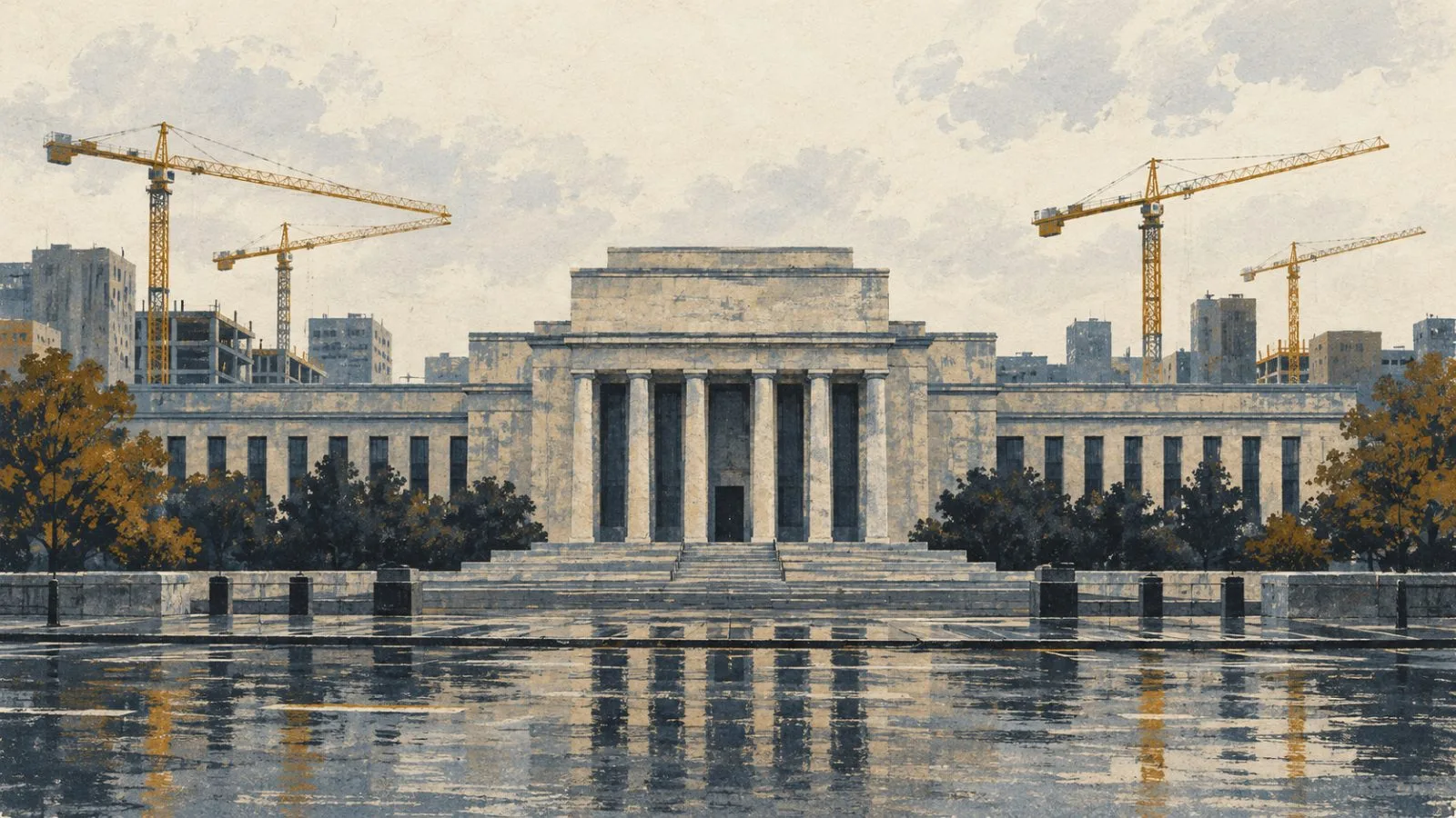 Construction cranes rise near the Federal Reserve building in Washington, D.C. (AI-generated image / EconoTimes)