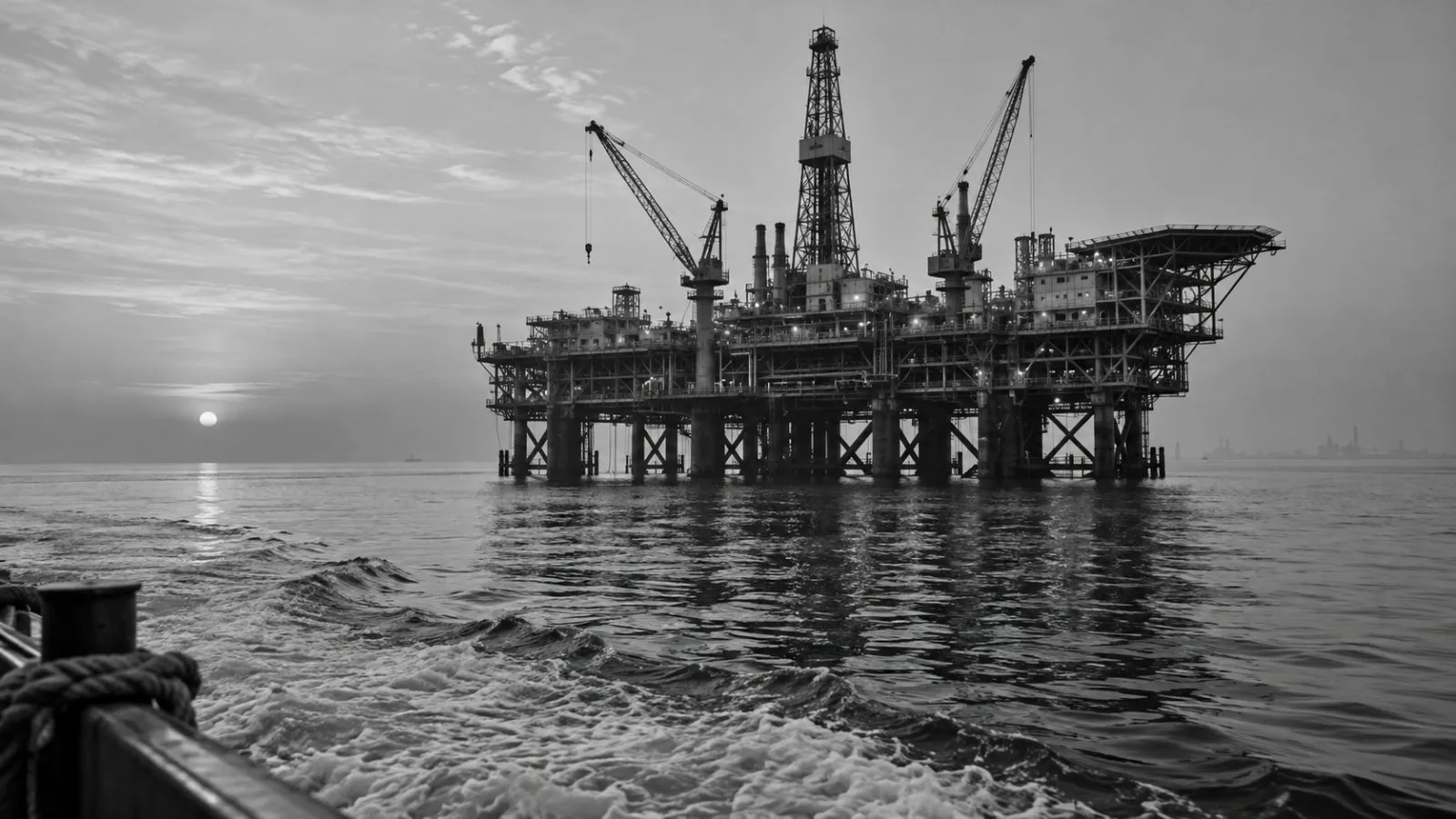 An offshore oil platform stands over the Persian Gulf near Dammam, Saudi Arabia. (AI-generated image / EconoTimes)