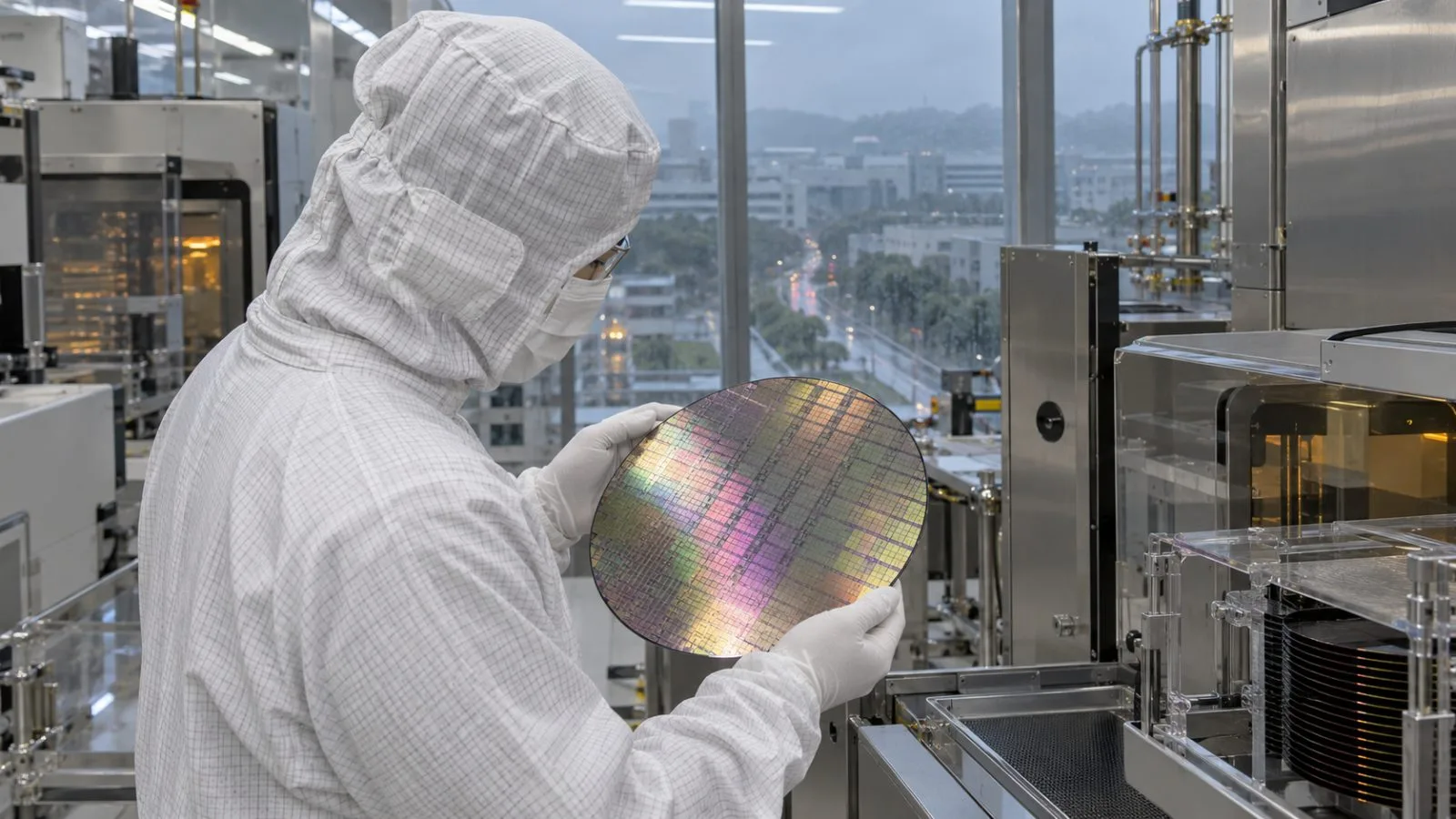 Technicians handle a silicon wafer inside a semiconductor cleanroom in Phoenix, Arizona. / EconoTimes.ai