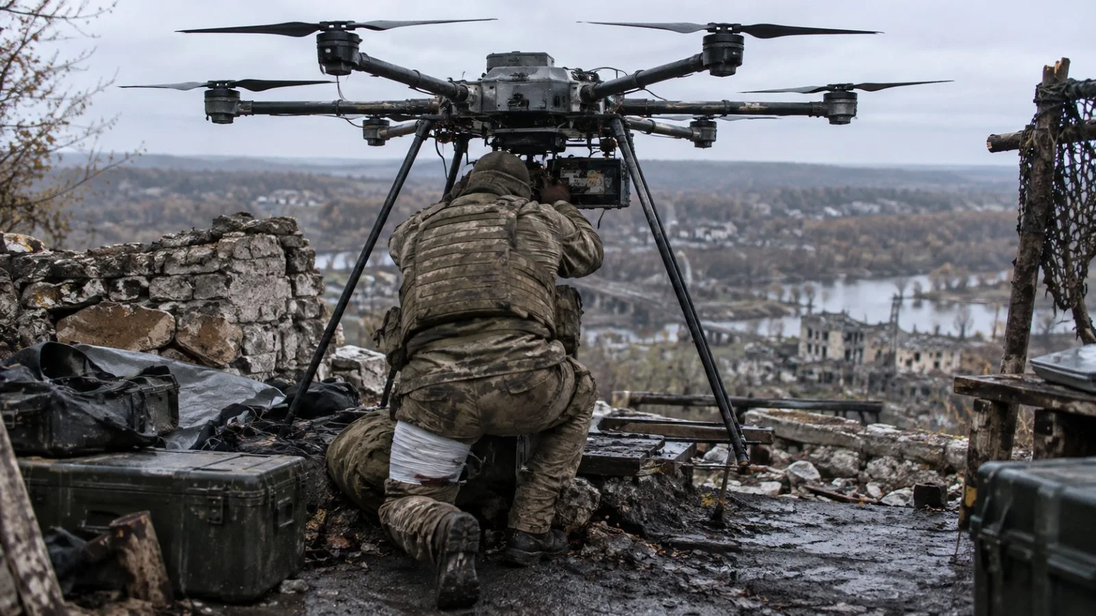 A soldier secures himself beneath an evacuation drone near Kupiansk, Ukraine. (AI-generated image / EconoTimes)