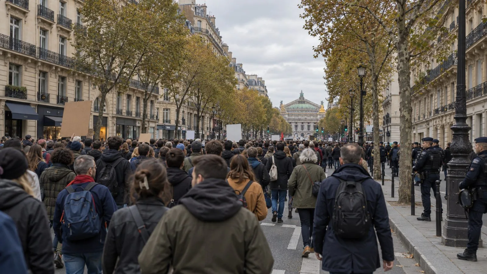 Demonstrators march along a Paris boulevard as police watch from the curb. (AI-generated image / EconoTimes)