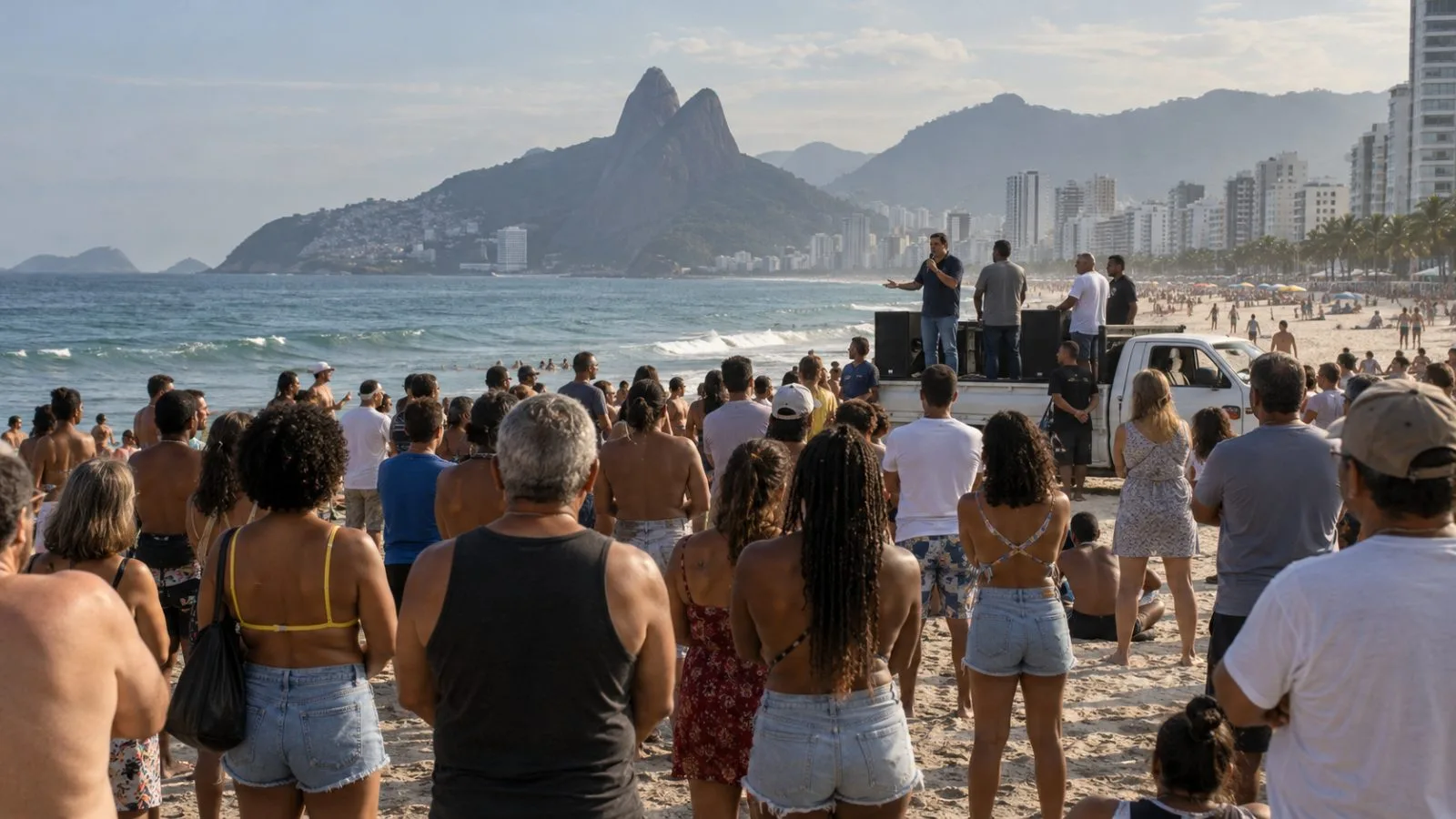 Supporters gather beside a campaign vehicle on Copacabana Beach in Rio de Janeiro. (AI-generated image / EconoTimes)