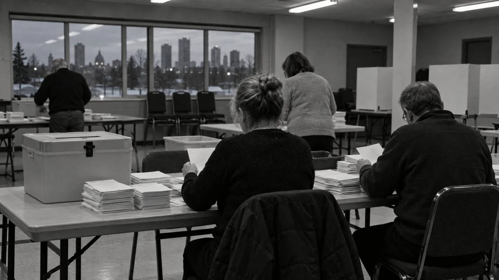 Election workers sort paper ballots inside a polling station in Edmonton, Alberta. (AI-generated image / EconoTimes)
