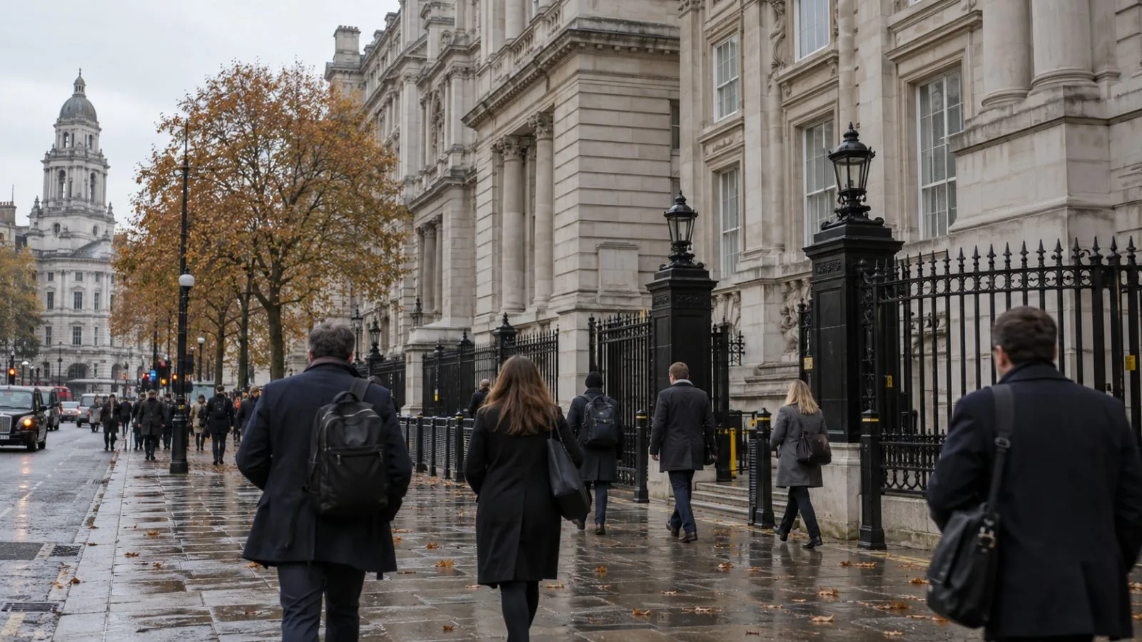 Commuters walk past HM Treasury on Horse Guards Road in central London. (AI-generated image / EconoTimes)