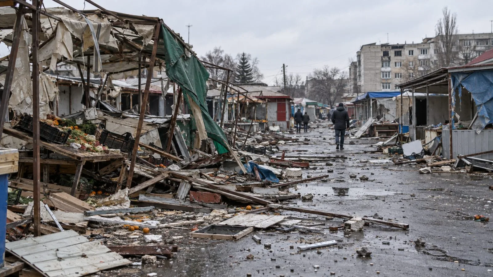 Workers inspect damaged market stalls in Lozova, Ukraine, after an overnight strike. (AI-generated image / EconoTimes)