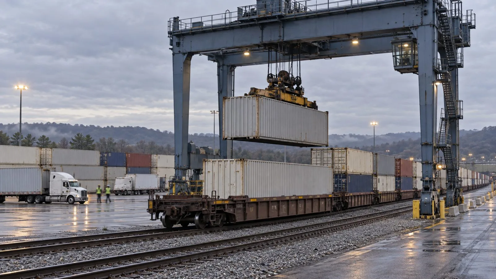 Freight containers and tractor-trailers stand beside railcars at an intermodal terminal in Lowell, Arkansas. / EconoTimes.ai