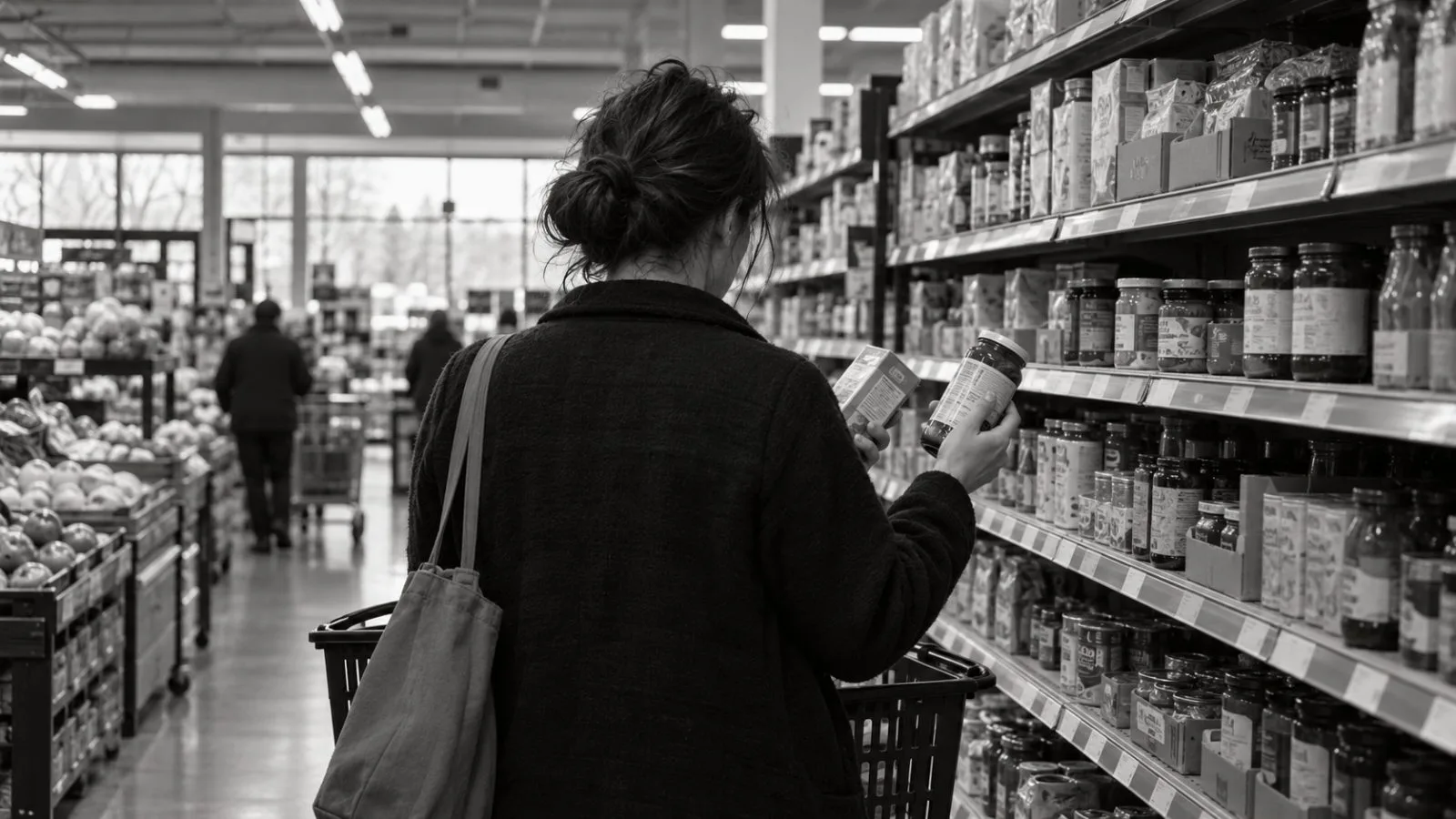 A shopper compares groceries on a supermarket shelf in Ann Arbor, Michigan. (AI-generated image / EconoTimes)