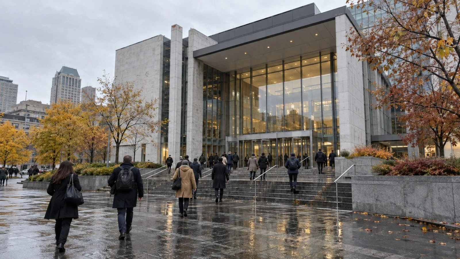 Journalists gather outside a conference venue in downtown Montreal, Quebec (AI-generated image / EconoTimes)