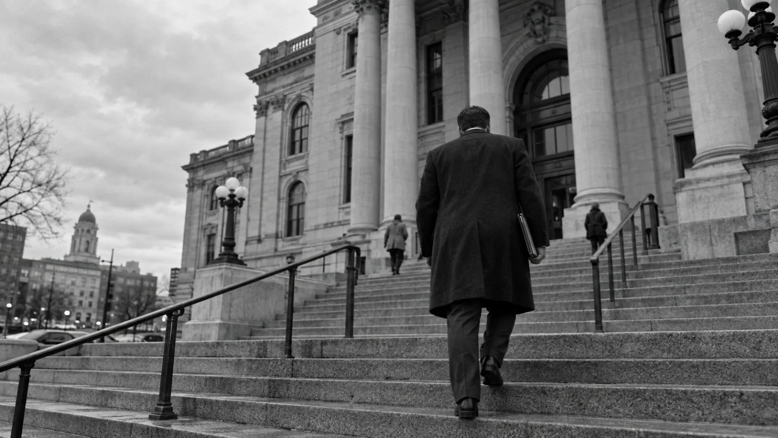 Visitors enter the Kenton County Courthouse in Covington, Kentucky, on an overcast afternoon. (AI-generated image / EconoTimes)