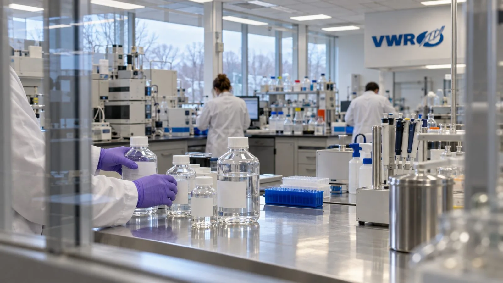 Gloved hands arrange reagent bottles on a laboratory bench in Radnor, Pennsylvania. / EconoTimes.ai