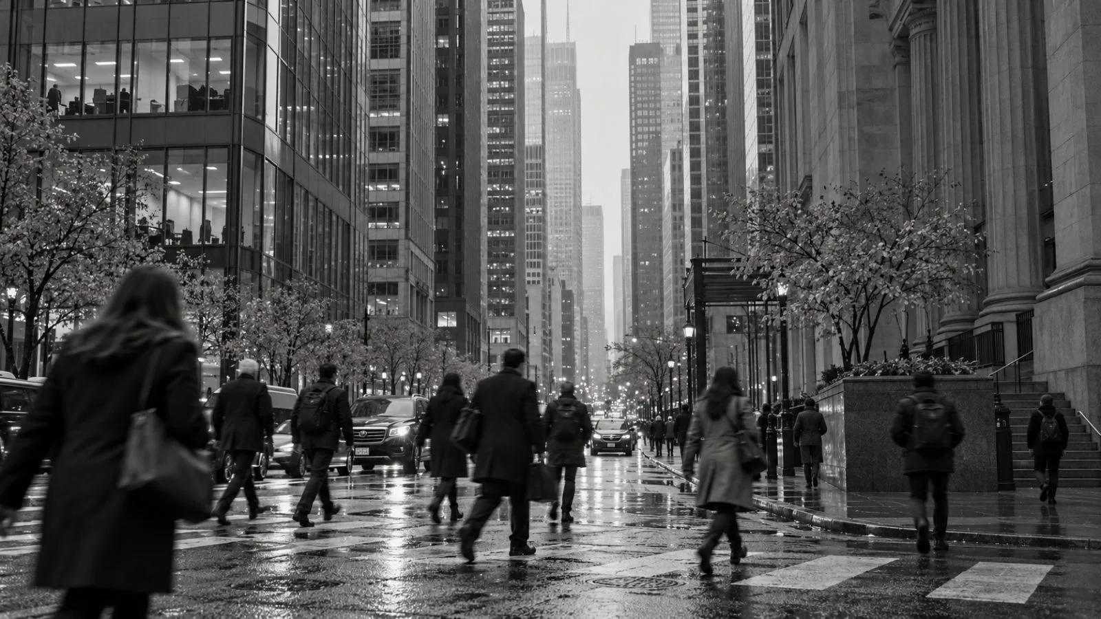 Pedestrians cross Bay Street in Toronto’s financial district on an overcast autumn morning (AI-generated image / EconoTimes)