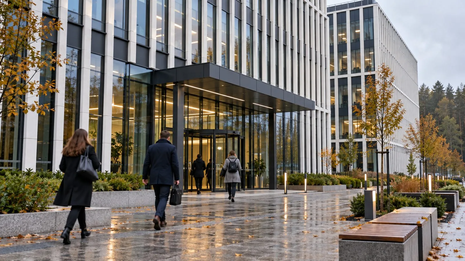 Pedestrians pass the glass exterior of an energy company headquarters in Vilnius, Lithuania. / EconoTimes.ai