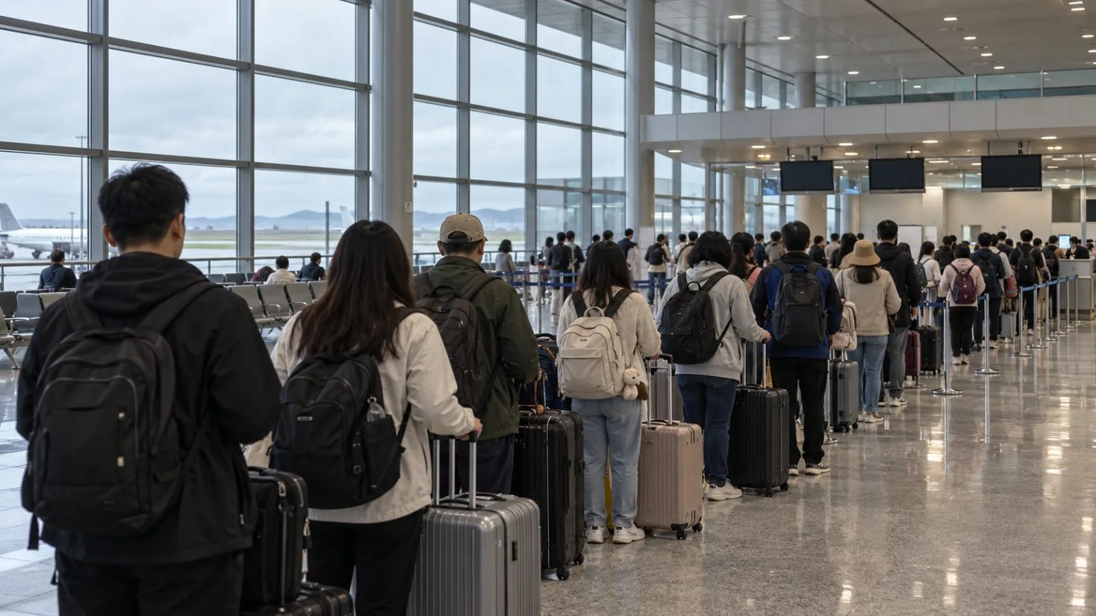 Travelers wait with luggage inside Penghu Airport in Magong, Taiwan. (AI-generated image / EconoTimes)
