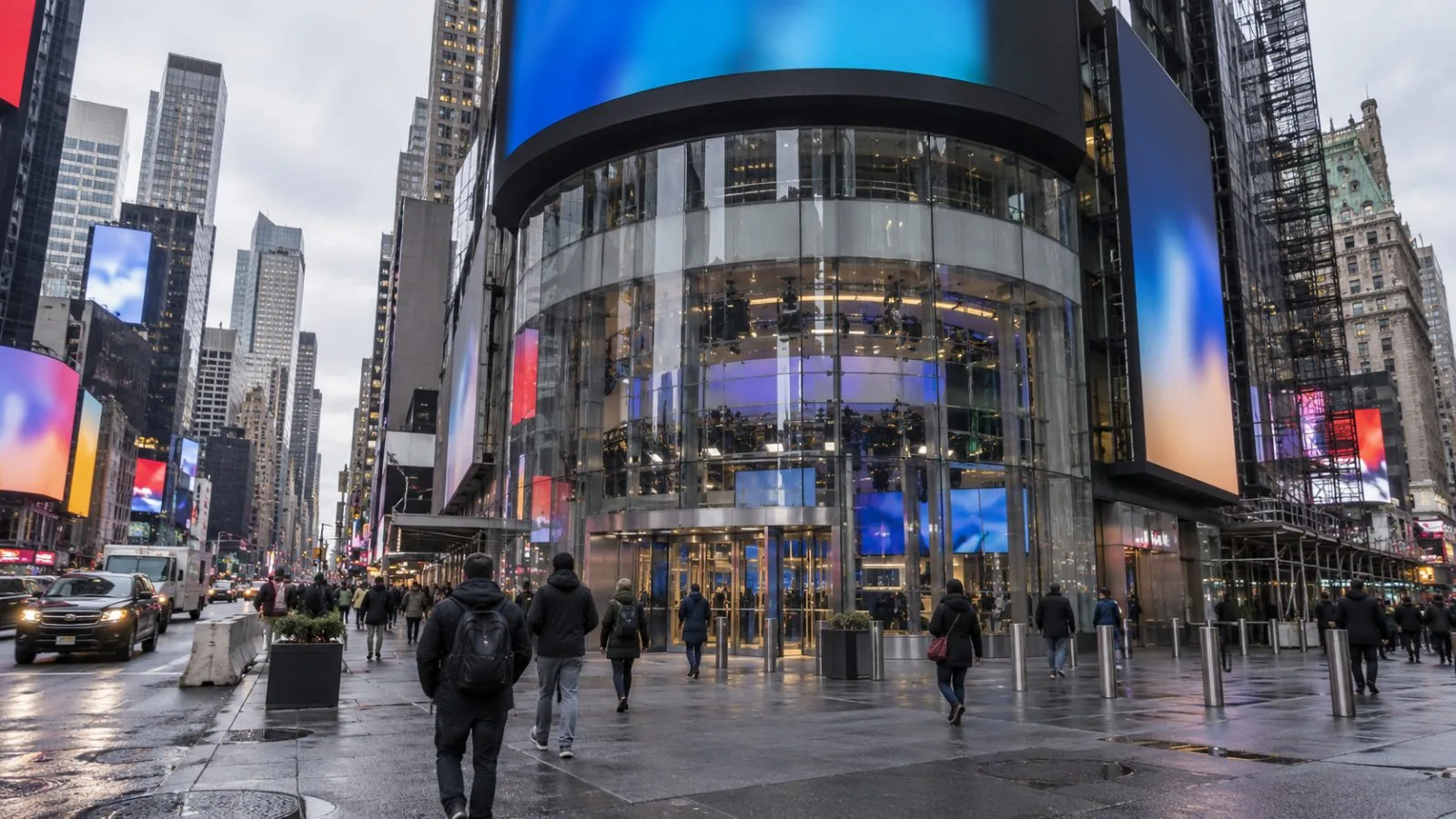 Pedestrians pass the Nasdaq MarketSite in New York on a cloudy morning. (AI-generated image / EconoTimes)