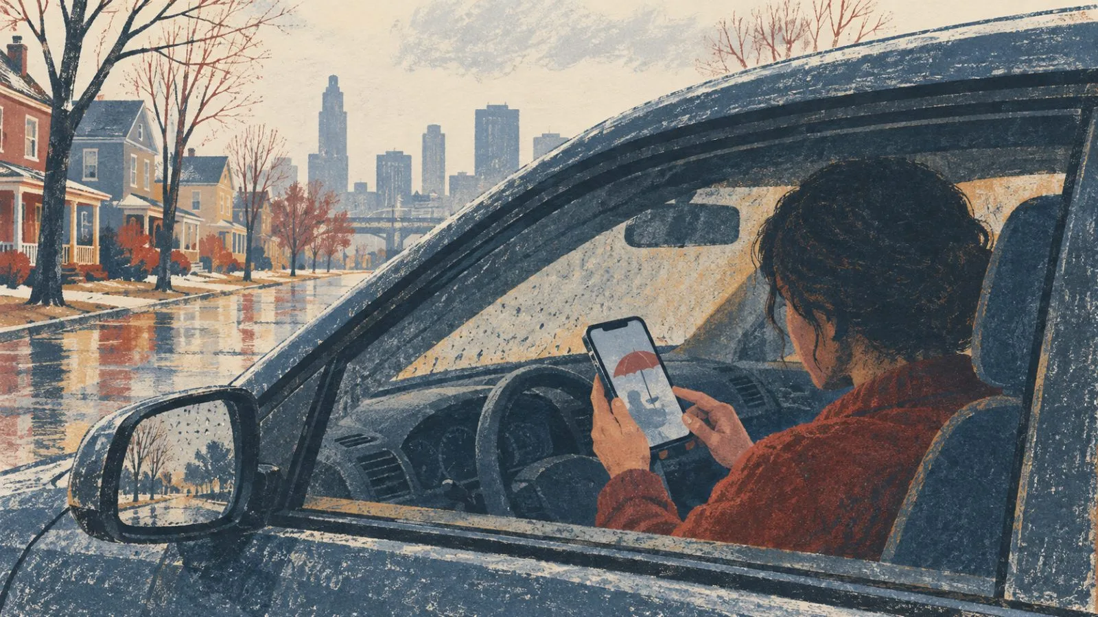 A driver compares auto coverage from a parked car on a Columbus, Ohio street. (AI-generated image / EconoTimes)