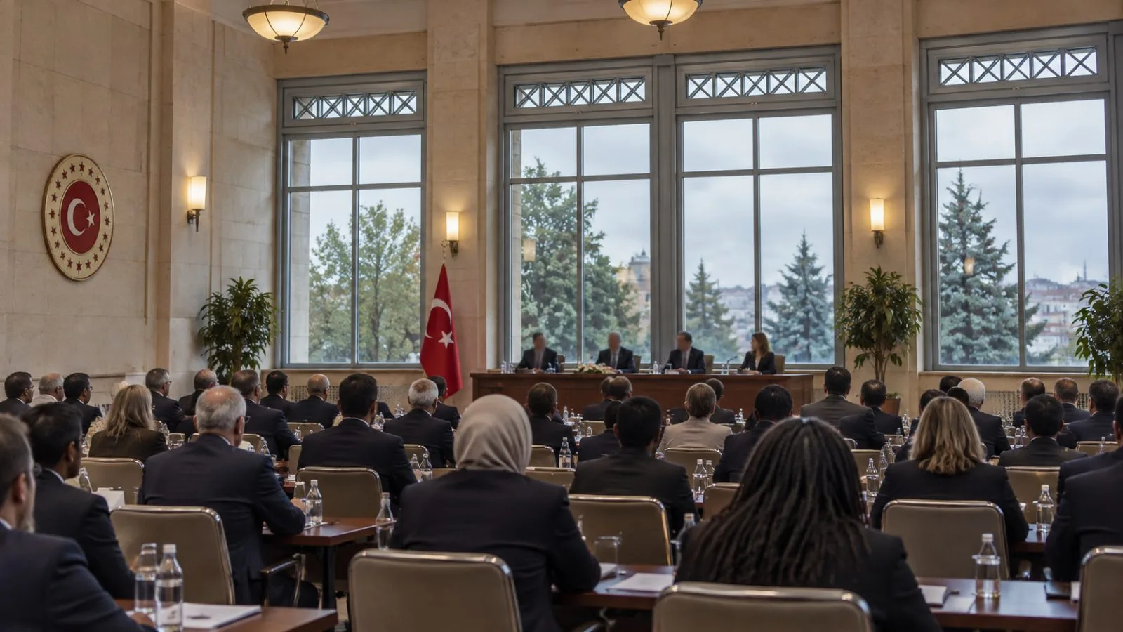 Delegates listen to a mediation panel inside a conference hall in Istanbul, Türkiye. / EconoTimes.ai