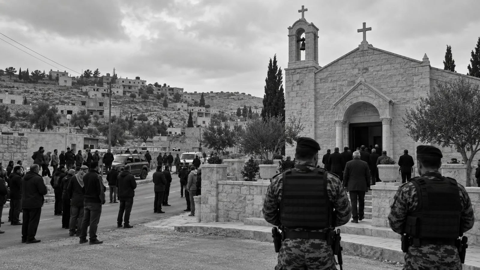 Jordanian security personnel stand outside Hamoud Church in Karak Governorate after a deadly shooting. (AI-generated image / EconoTimes)