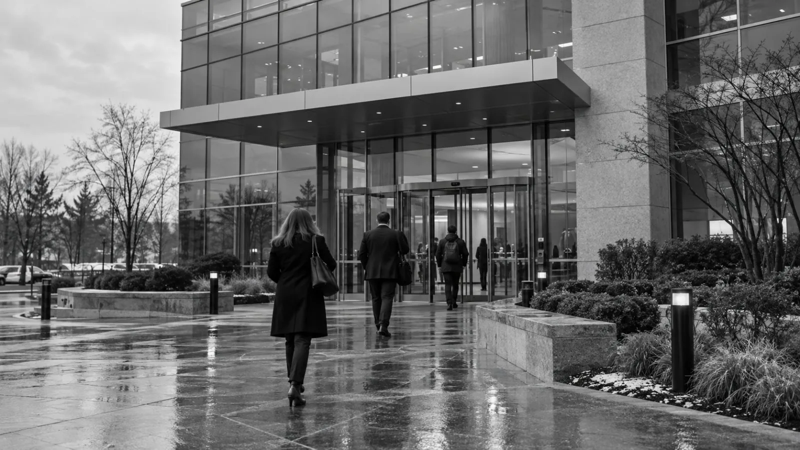 Staff enter an office building in Roseland, New Jersey, on an overcast morning. (AI-generated image / EconoTimes)