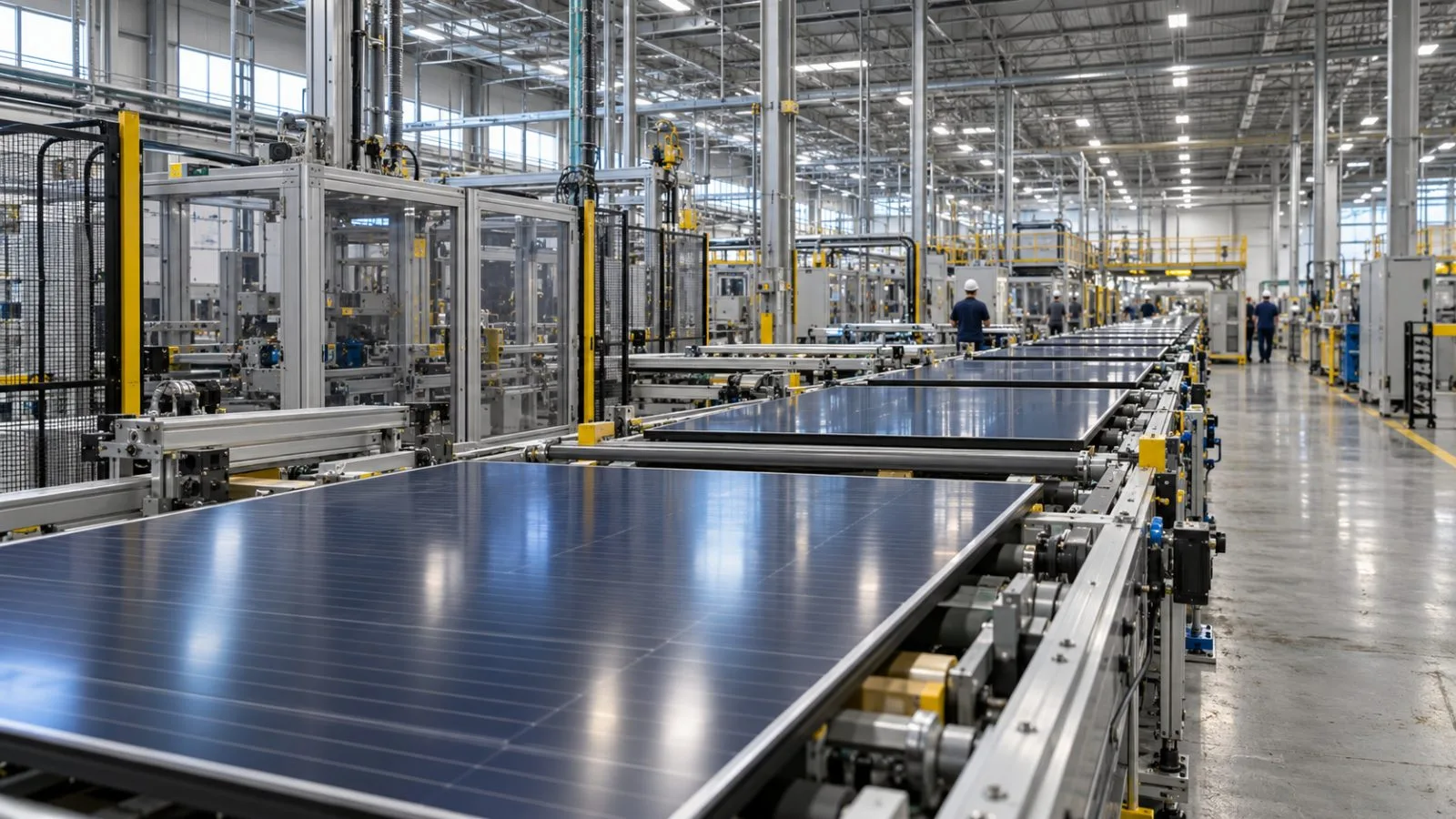 Solar modules move along a finishing line at a factory in Gaffney, South Carolina. (AI-generated image / EconoTimes)