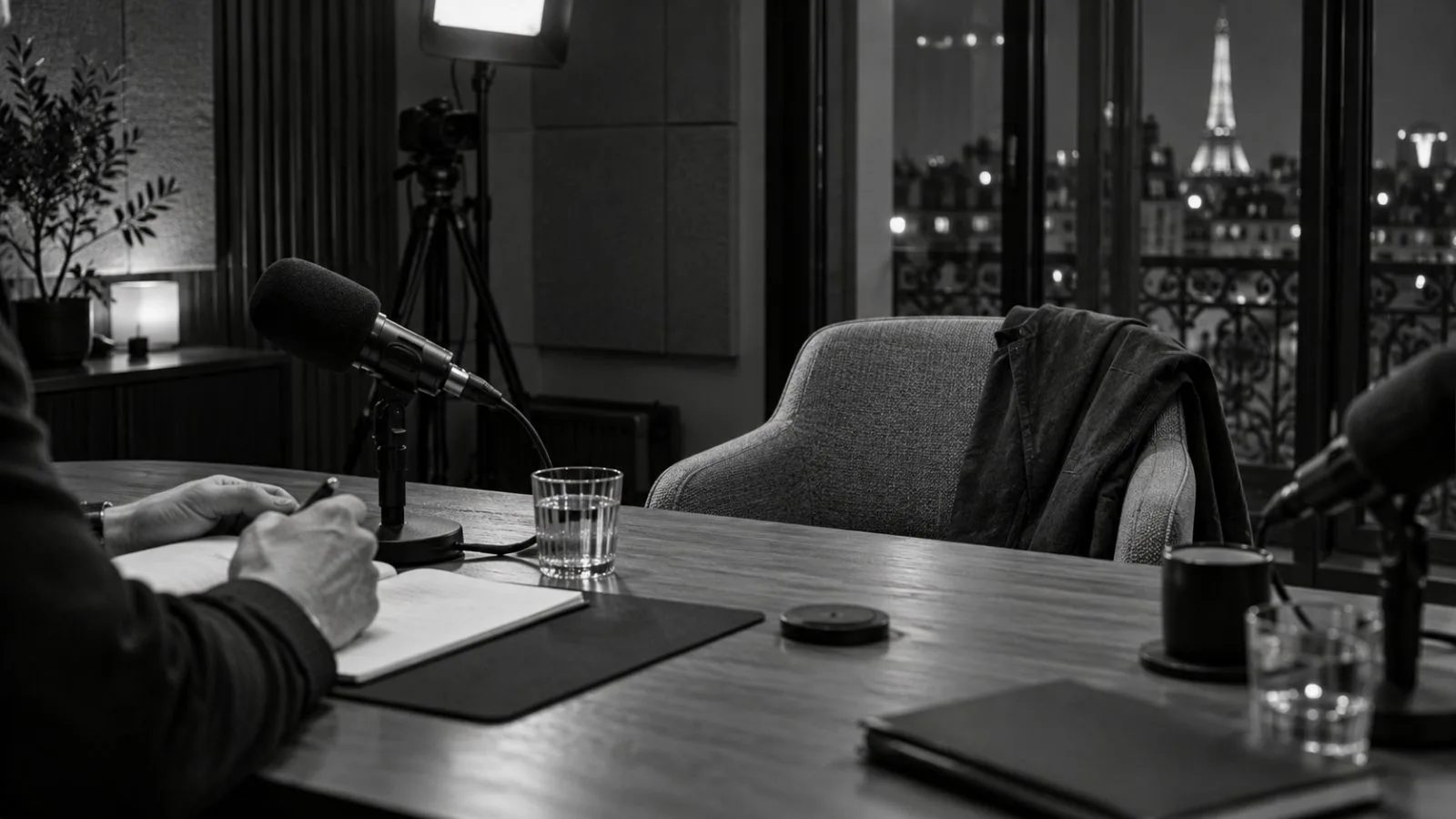 A broadcast microphone rests between interview chairs in a Paris television studio. (AI-generated image / EconoTimes)