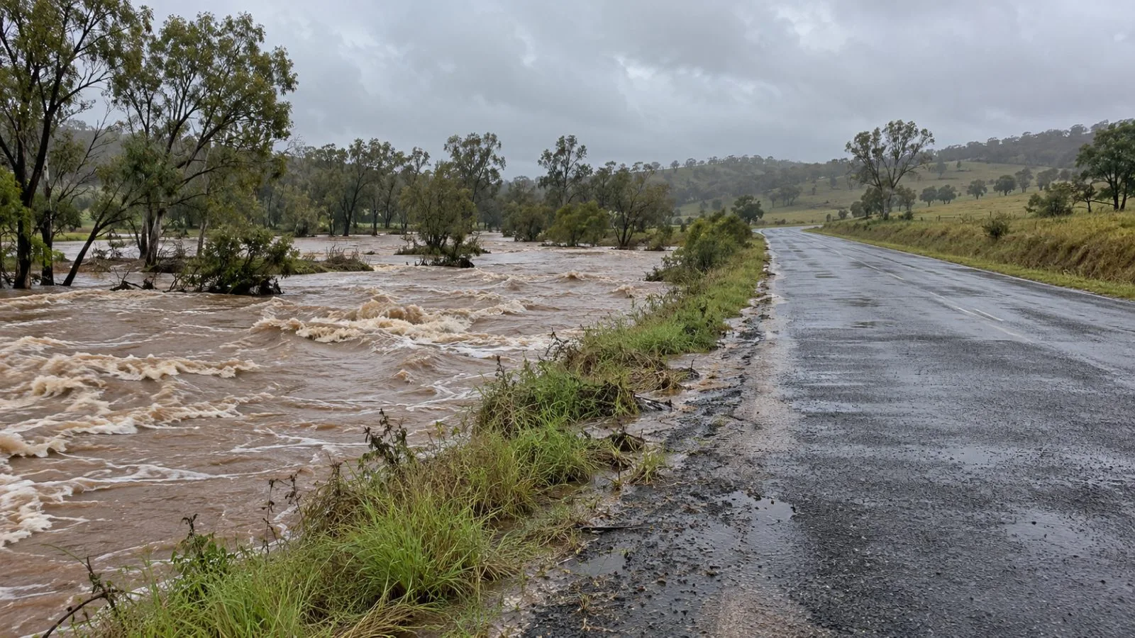 Floodwater runs high beside Boompa Road at Smothering Creek in rural Queensland. (AI-generated image / EconoTimes)