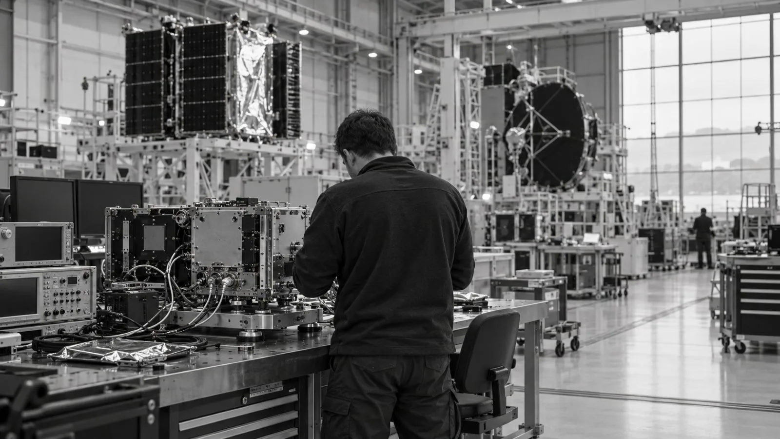 A technician inspects satellite payload hardware at a facility in Friedrichshafen, Germany. / EconoTimes.ai