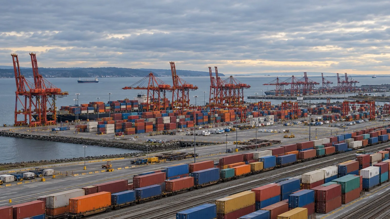 Cargo cranes rise above container stacks at the Port of Vancouver in Delta, British Columbia. / EconoTimes.ai