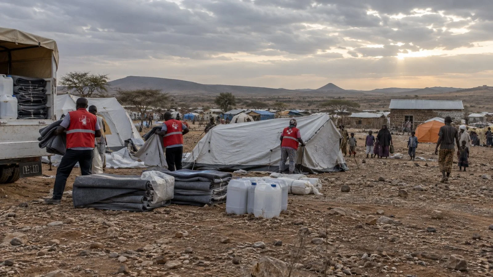 Aid workers arrange tents and jerrycans at a temporary assistance site in Moyale, Kenya. (AI-generated image / EconoTimes)