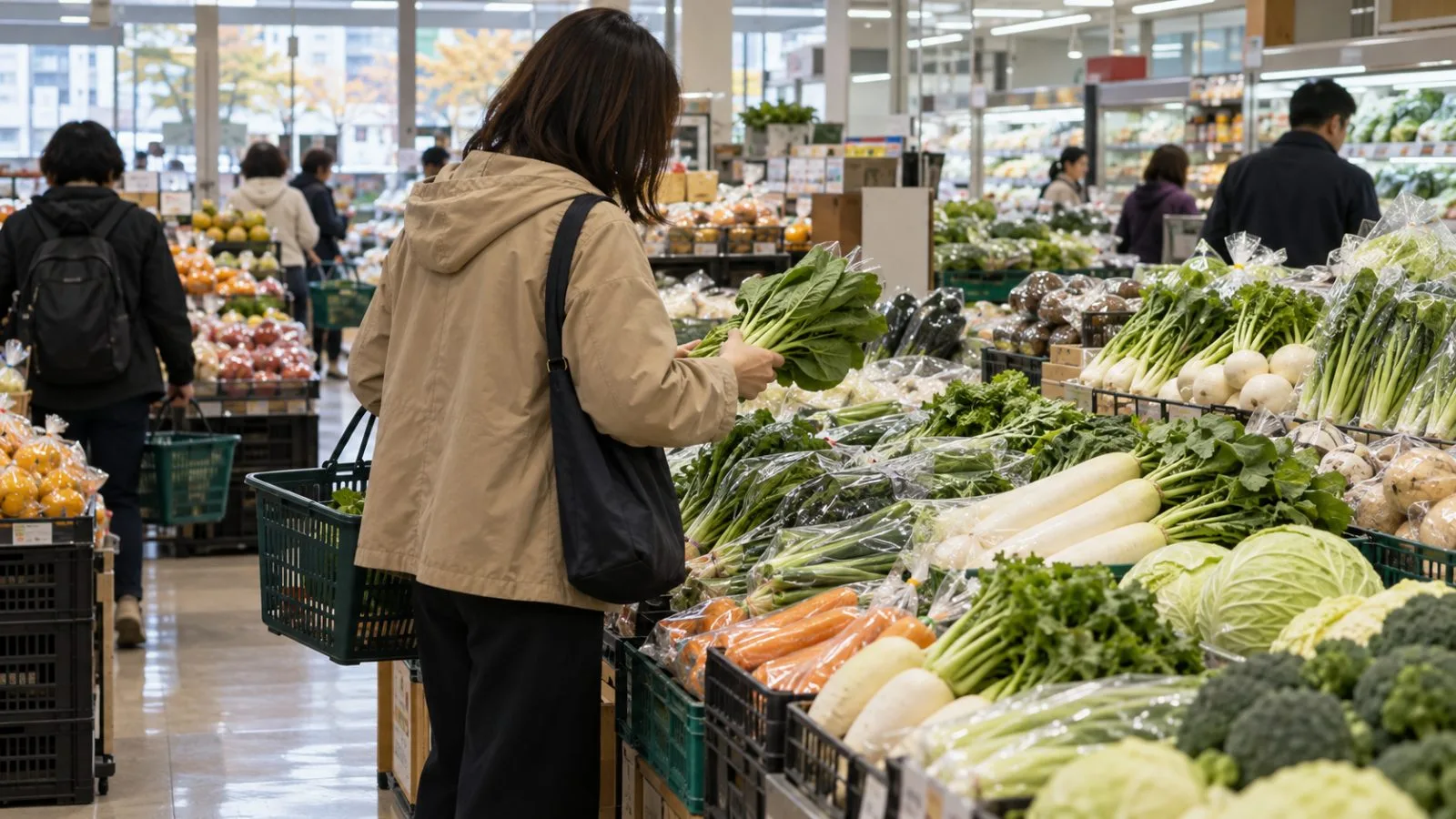 A shopper selects vegetables at a neighborhood supermarket in Tokyo, Japan. (AI-generated image / EconoTimes)