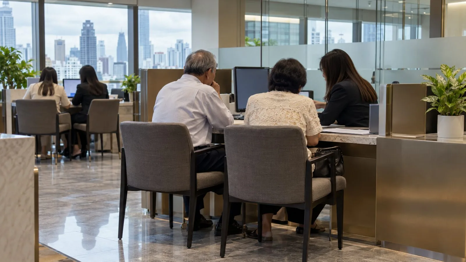 Customers speak with staff at an investment services counter in Bangkok, Thailand. (AI-generated image / EconoTimes)