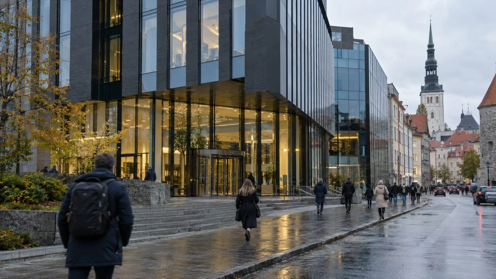 Pedestrians pass the Nasdaq Tallinn office building in central Tallinn, Estonia. (AI-generated image / EconoTimes)